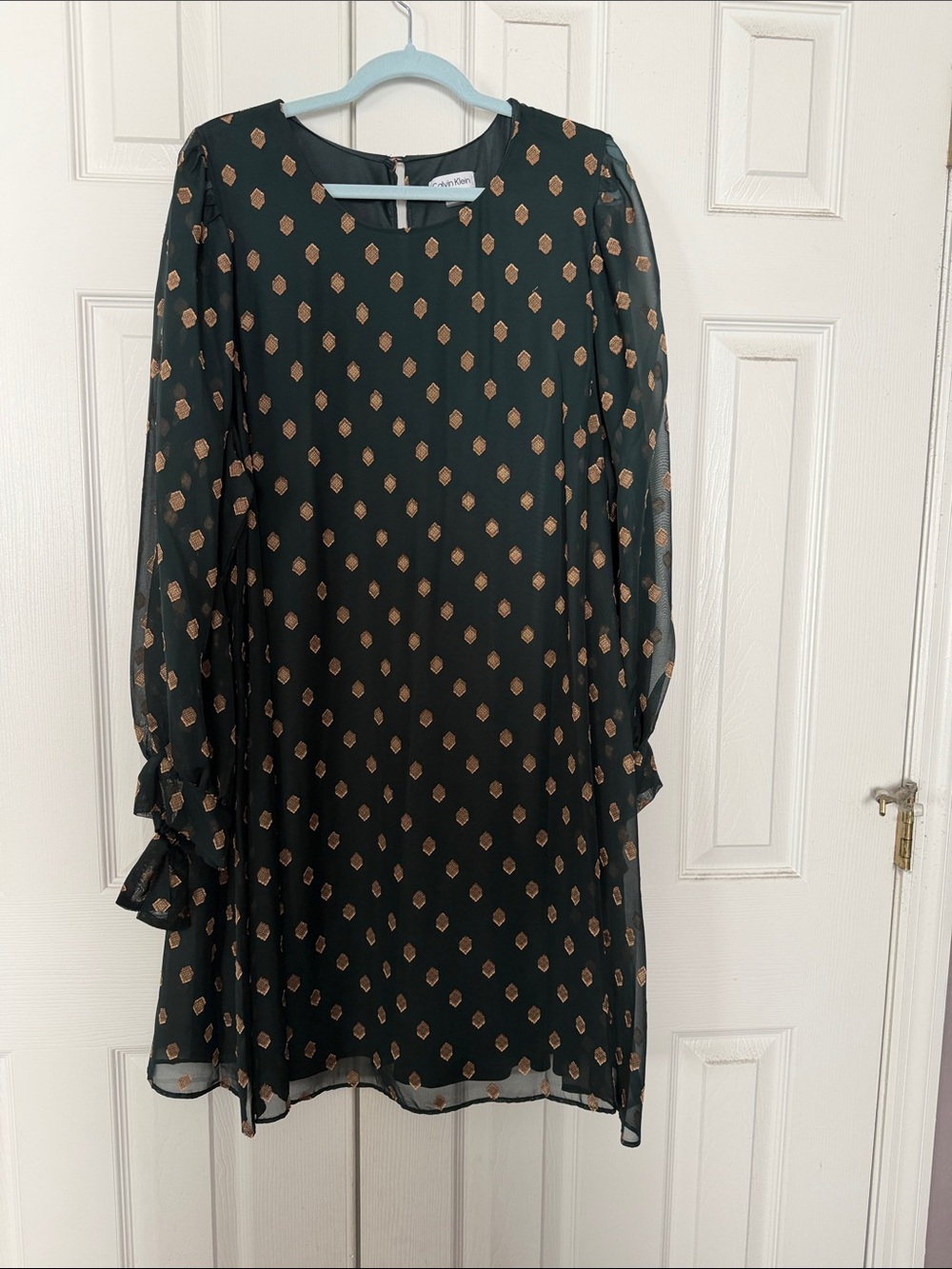 Calvin Klein Dark Green Long-Sleeve Chiffon Dress with Gold Diamond Motif